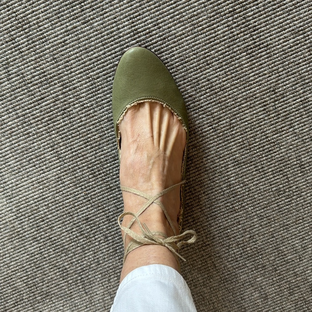 Light army green ballet flats with ankle tie